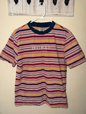 RETRO Vintage Men's Guess Small Multi-Color Striped T-Shirt Short Sleeve Top